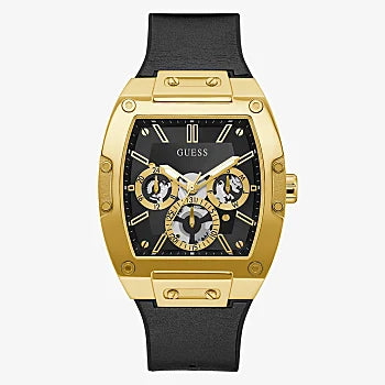GUESS GOLD TONE CASE BLACK GENUINE LEATHER/SILICONE WATCH