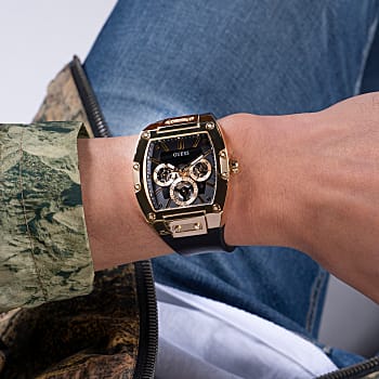 GUESS GOLD TONE CASE BLACK GENUINE LEATHER/SILICONE WATCH