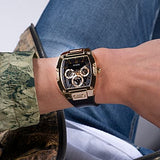 GUESS GOLD TONE CASE BLACK GENUINE LEATHER/SILICONE WATCH