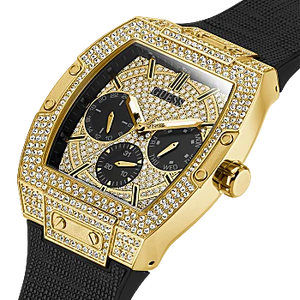 GUESS GOLD TONE CASE BLACK GENUINE LEATHER/SILICONE WATCH