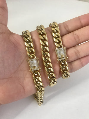 Men Cuban Miami Link Bracelet & Chain Set 14k 12mm *Diamond Clasp - techno305